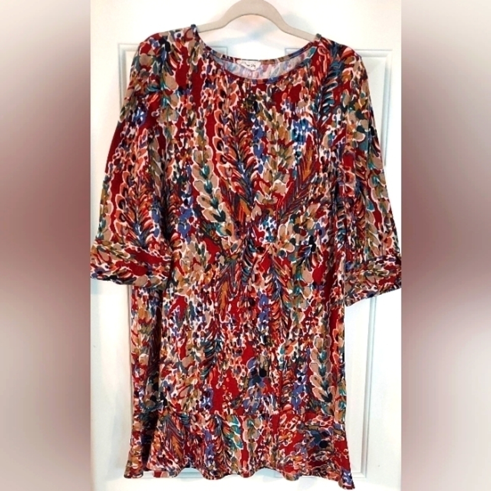 Beeson River Womens Maroon Floral Long Sleeve Ruffle Boho Mini Knit Dress.
